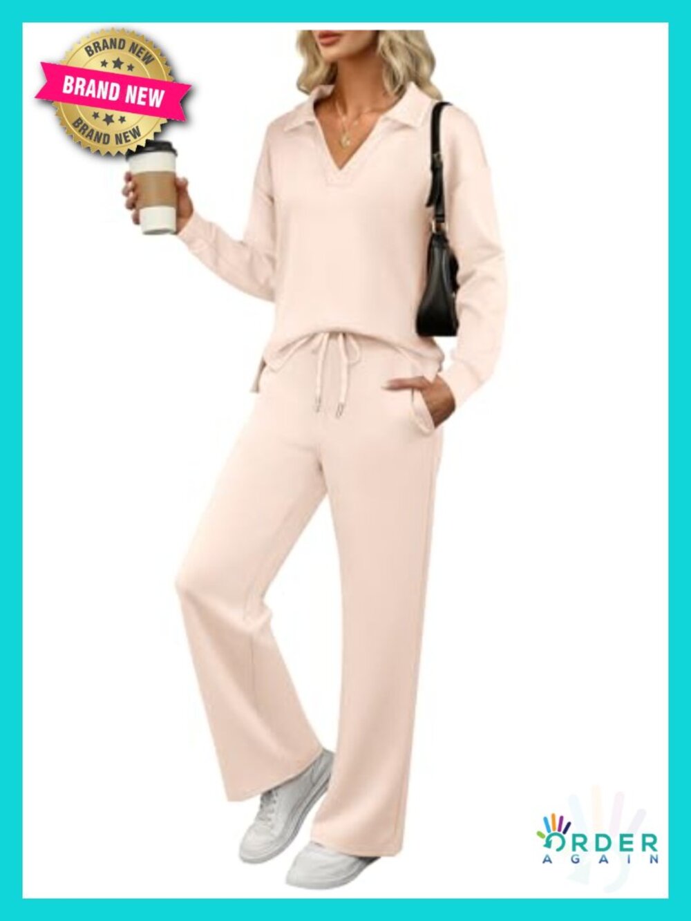 Women's 2 Piece Lounge Set - Long Sleeve Polo Top & Wide Leg Pants - Matching